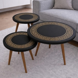 Black Gold Greek Key Nesting Tables Set, Modern Minimalist Living Room Decor