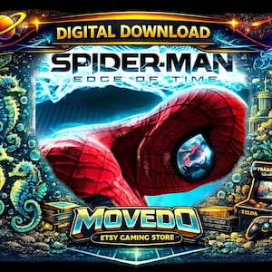Peut inclure: Graphique de téléchargement numérique mettant en vedette Spider-Man de "Edge of Time". L'œuvre d'art présente un gros plan du masque de Spider-Man, avec un design vibrant et coloré. L'image comprend des hippocampes, une borne d'arcade et le texte "MOVEDO ETSY GAMING STORE."