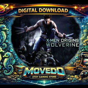 May include: Digital download graphic featuring Wolverine from X-Men Origins. The image has a dark, fantasy theme with seahorses, a jellyfish, and an arcade game. The Etsy Gaming Store logo is at the bottom.