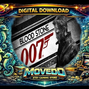 May include: Digital download graphic featuring the text "BLOOD STONE 007" with a man's silhouette. The image has a decorative border with seahorses, a jellyfish, and a retro arcade game. The Etsy Gaming Store logo is at the bottom.