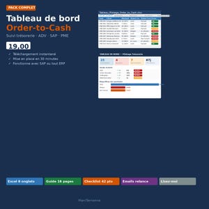 Tableau de bord Order-to-Cash Excel | Suivi Trésorerie PME | Gids ADV 16p + Checklist 42pts + E-mails relance