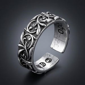 Anello aperto floreale vintage, fascia regolabile in argento sterling S925, gioiello di tendenza in stile retrò gotico.