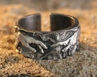 Bague ouverte La création d'Adam, anneau réglable fabriqué à la main, cadeau significatif pour lui