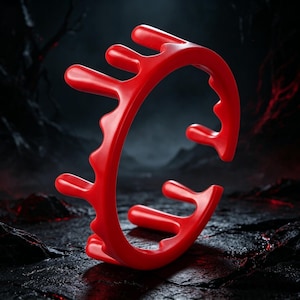 May include: A bright red, abstract, curved object with a unique, open design. The object has a glossy finish and a series of protruding, rounded shapes along its edges. The background is dark and textured, creating a contrast with the vibrant red.