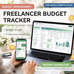 Puede incluir: Un portátil y un smartphone muestran una hoja de cálculo de seguimiento de presupuesto para autónomos. La imagen incluye el texto "Freelancer Budget Tracker" e "Instant Download". La hoja de cálculo está diseñada para Google Sheets y Excel, con un enfoque en la facilidad de uso y la personalización.