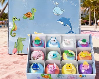 Bombas de Banho Infantis com Tema Oceano e Brinquedos Surpresa de Animais Marinhos - Conjunto de Presente com 12 Unidades