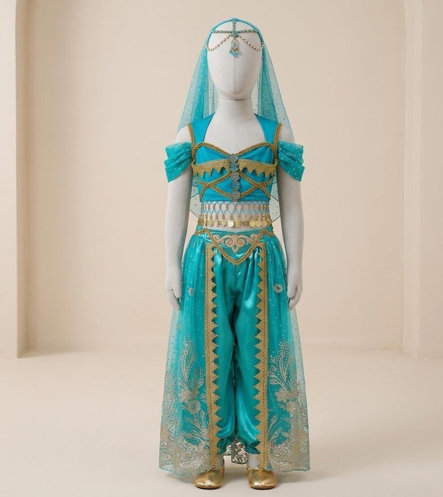 New front Vestito Jasmine Bambina Costumi Aladdin Principessa Costume Bambina Jasmine Costume Principessa Bambini Cerchietto per Capelli Feste a Tema Carneval Natale Halloween 3~8Anni Verde