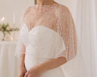Parel bruids cape tule bruiloft sjaal, pure bruidsbolero, schoudercape bedekken, elegante trouwjurk topper