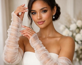 Pearl Tulle Bridal Sleeves Fingerless Gloves, Sheer Wedding Gloves, Elegant Bridal Arm Sleeves, Romantic Bride Accessory