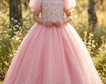 Vestido de princesa de encaje para niñas con lentejuelas, vestido de damita de honor, vestido de fiesta para niñas, boda o cumpleaños.