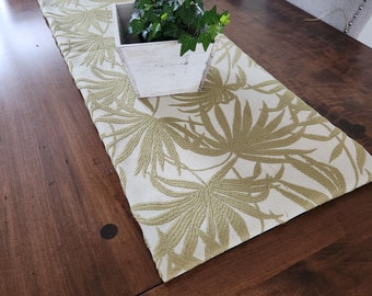 Table runner, custom made 21" x 56", woven fabric with green palm leaves, double thickness, medium weight fabric