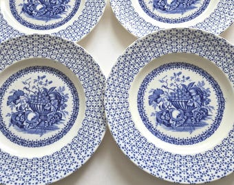 4 platos de almuerzo vintage Empire England azules y blancos con estampado floral, en excelente estado (aranceles e impuestos estadounidenses prepagados).