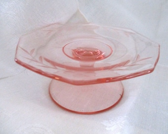 Pink glass tidbit stand 5" diameter x 2 1/4" high, excellent condition
