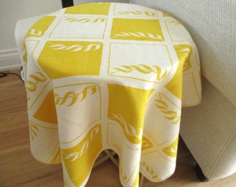 RETRO TABLECLOTH, yellow and white linen tablecloth 32" x 32" approximately, very good condition