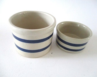 Vintage Roseville pottery U.S.A., set of 2 crocks, 1 pint & 1/2" pint, blue striped, excellent condition