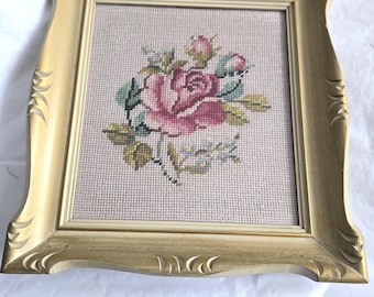 Vintage gerahmte Nadelspitze Blumen, Holzrahmen, 32 cm x 33 cm