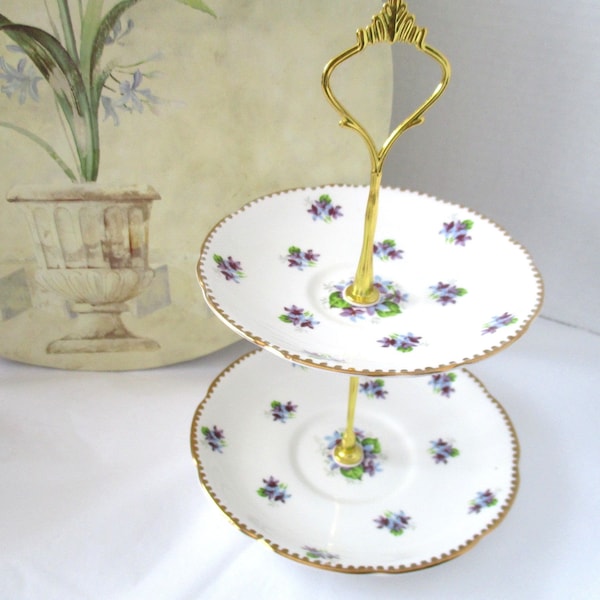 2 tier sweet or tidbit stand, upcycled Royal Stafford plates, excellent condition