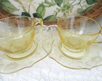2 - 1930's glass teacups and saucers,  Lancaster Jubilee yellow Depression Glass, excellent condition