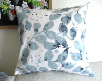 17" cushion, blue eucalyptus leaf pattern on white, medium weight fabric, envelope back opening