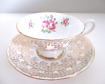 Vintage English Bone China Teacup and Saucer, Gold Overlay with pink roses, excellent condition