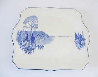Antique transferware cake plate, square blue and white by Myott Sons & Co. England,  excellent condition