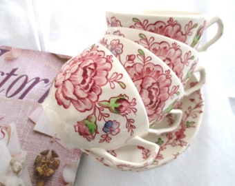 4 Rose Chintz teacups and saucers by Johnson Bros. England, excellent condition