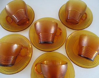 6 sets French honey glass teacups and saucers by Duralex, France,  excellent condition