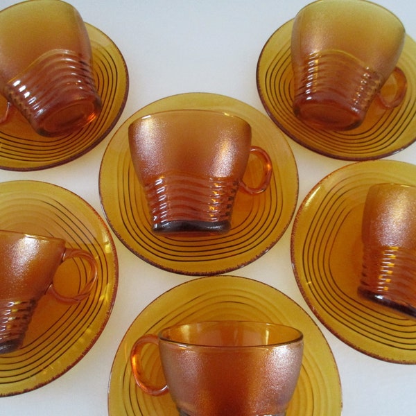 6 FRENCH AMBER GLASS teacups and saucers by Duralex, France,  excellent condition