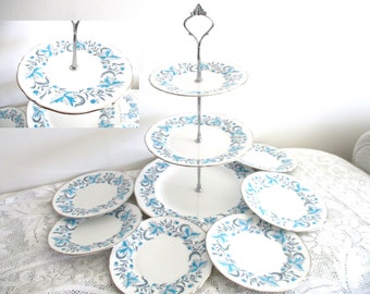 Vintage cake stand set - 1 - 3 tier cake stand with 6 - 6" cake plates by Grosvenor "Debutante" Bone China, excellent condition