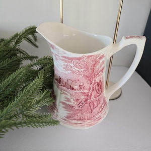 Vintage English ironstone jug by Alfred Meakin England "Tintern" pattern, red and white transferware, excellent condition