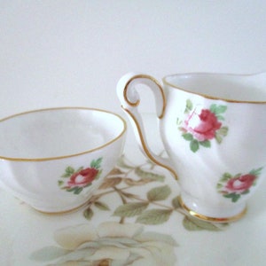 Vintage Queen Anne Bone China Cream & Sugar Set: Pink Roses, England