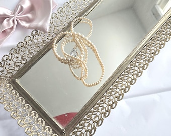 Bandeja de tocador con espejo vintage, decoración estilo Hollywood Regency con filigrana dorada (18x7)