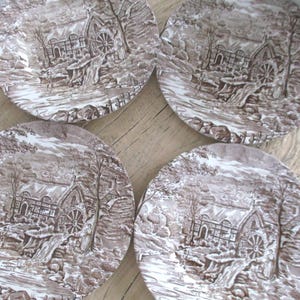 Vintage Alfred Meakin Transferware Plates: &quot;The Mill&quot; Brown & White Set