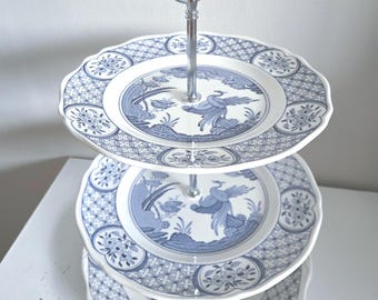 3 tier English cake or tea stand, "Old Chelsea" bird, Blue and white pattern, excellent condition
