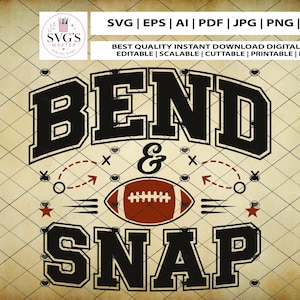 Könnte beinhalten: Ein digitales Grafikdesign mit dem Text BEND & SNAP in fetter, schwarzer Schrift im College-Stil. Ein brauner Football mit weißen Schnürsenkeln ist zwischen den Wörtern zentriert. Das Design enthält rote Sterne und gestrichelte Spielzuglinien.