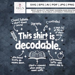 May include: A digital graphic design featuring the white text This shirt is decodable surrounded by educational annotations including Closed Syllable, Digraphs, r-controlled, Latin-based Prefix de-, Silent-e, and Latin-based Suffix -able with icons.