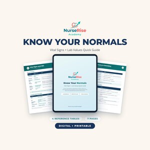 May include: A digital and printable NurseRise Academy Know Your Normals Vital Signs + Lab Values Quick Guide featuring 4 reference tables across 7 pages. The guide displays medical data including vital signs, CBC, and electrolyte chemistry values.