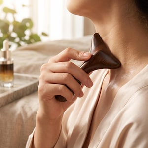 以下が含まれることがあります： 三角形の形をした、滑らかな質感のダークブラウンの木製グアシャマッサージツール。3つの丸みを帯びた先端とカーブしたベースを備えており、顔や首のマッサージ用に設計されています。肌に当てて使用方法を示しています。
