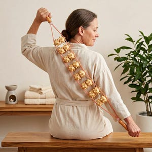 Wooden Back Massager Roller Rope: 16 Spiky Wheels for Deep Tissue Massage, Pain Relief