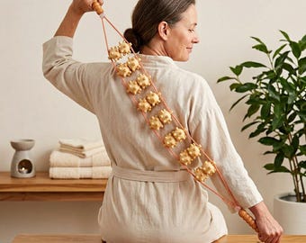 Wooden Back Massager Roller Rope: 16 Spiky Wheels for Deep Tissue Massage, Pain Relief