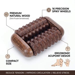May include: A dark purple sandalwood foot and hand massager with 16 spiky wheels. The compact size massager has an ergonomic acu-point design. The text says "Reduce Tension | Improve Circulation | Relieve Stress".