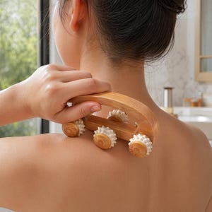 Puede incluir: Un masajeador de espalda de madera con cuatro rodillos blancos y beige se utiliza en el hombro de una persona. El masajeador está hecho de madera clara y tiene un mango curvo para un agarre fácil. Los rodillos tienen una superficie texturizada.