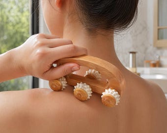 Wooden Arch Bridge Body Massager Tool with 8 Spiky Roller Wheels for Deep Tissue Massage Lymphatic Drainage Pain Relief at Home