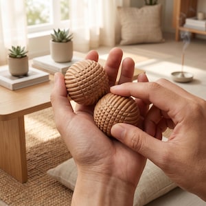 Textured Beech Wood Palm Massage Balls for Hand Rehabilitation, Stress Relief Pair