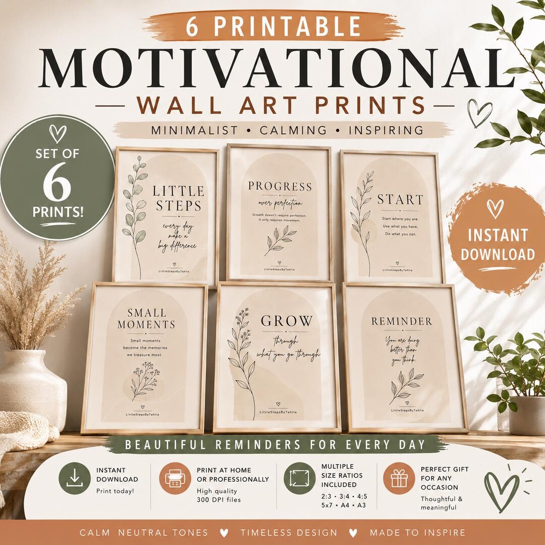 Set of 6 Minimalist Motivational Wall Art Prints | Neutral Botanical ...