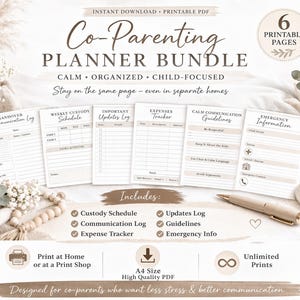 May include: A printable Co-Parenting Planner Bundle with six pages, designed to help co-parents stay organized. Includes a custody schedule, communication log, expense tracker, and emergency information. The planner is A4 size and designed for unlimited prints.