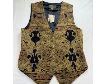Vintage Express Tapestry Baroque Vest Women's Size Lg Granny Boho 90s NOS Gold