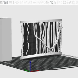 Puede incluir: Una representación 3D de una estructura de aspecto futurista. El diseño presenta una rejilla negra rectangular con elementos blancos en forma de tubo en cascada. A la izquierda hay una estructura gris rectangular alta.