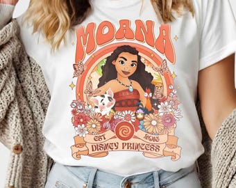 Retro Disney Moana Blumen T-Shirt, Disney Prinzessinnen T-Shirt, Disneyworld Mädchen Shirt, Moana 2026 Design, Epcot Blume und Garten