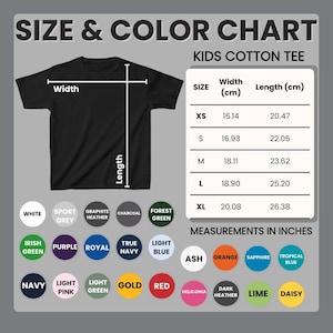 May include: A black kids cotton tee shirt with a size and color chart. The chart shows measurements in centimeters and inches, with color options including white, red, and navy.